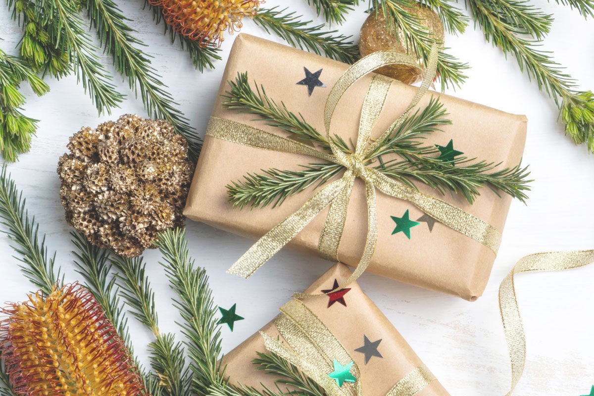 Wrapped presents with ribbons surrounded by native Australian plants