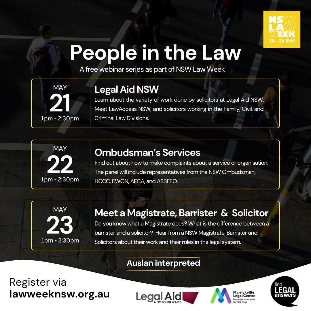 Digital flyer showing upcoming events for Law Week 2024. View and register for events via lawweeknsw.org.au